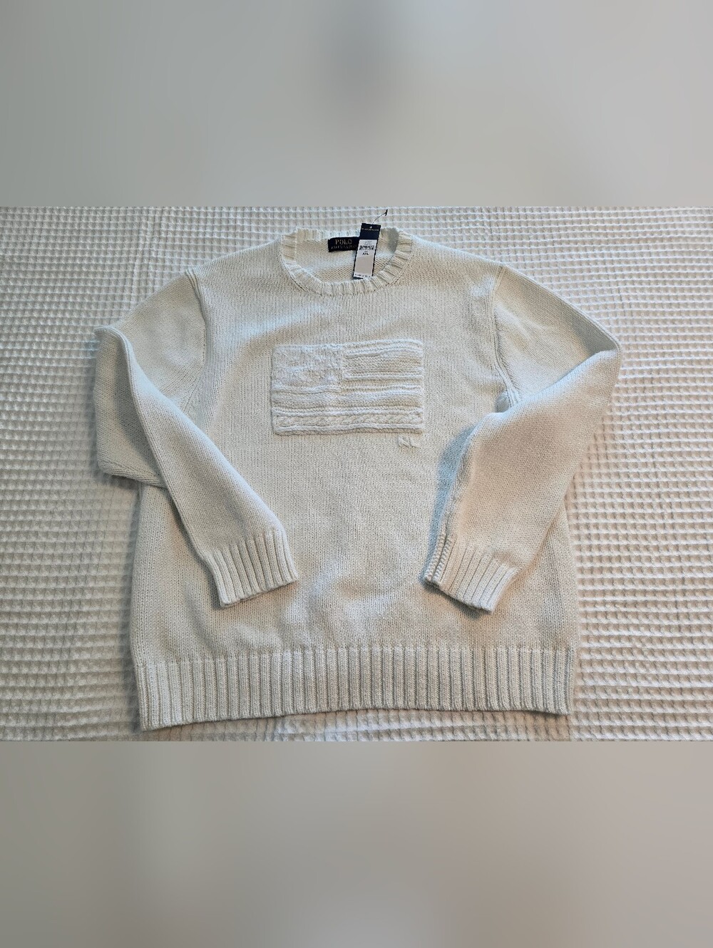 Ralph Lauren Cream Cable-Panel Crewneck Sweater With FLAG Mens or Womans XXL